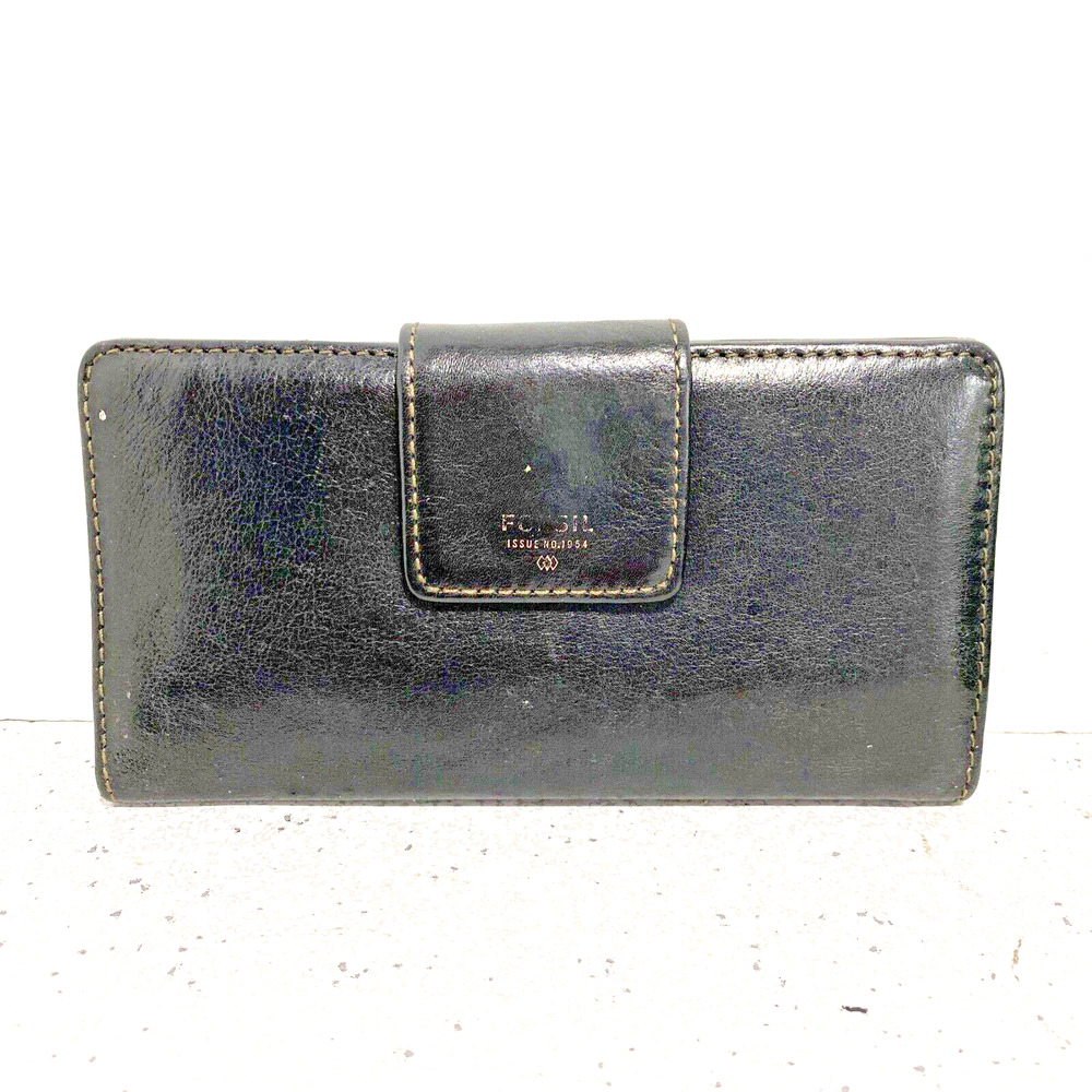 Vintage Fossil black leather wallet bifold coin pocket contrast interior ID slot
